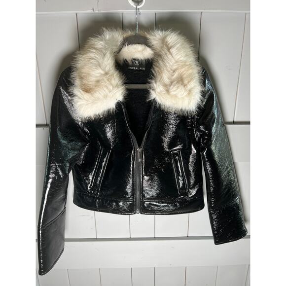 Unreal Fur Wet Look Black Aviator Jacket Size M NEW - Picture 3 of 11